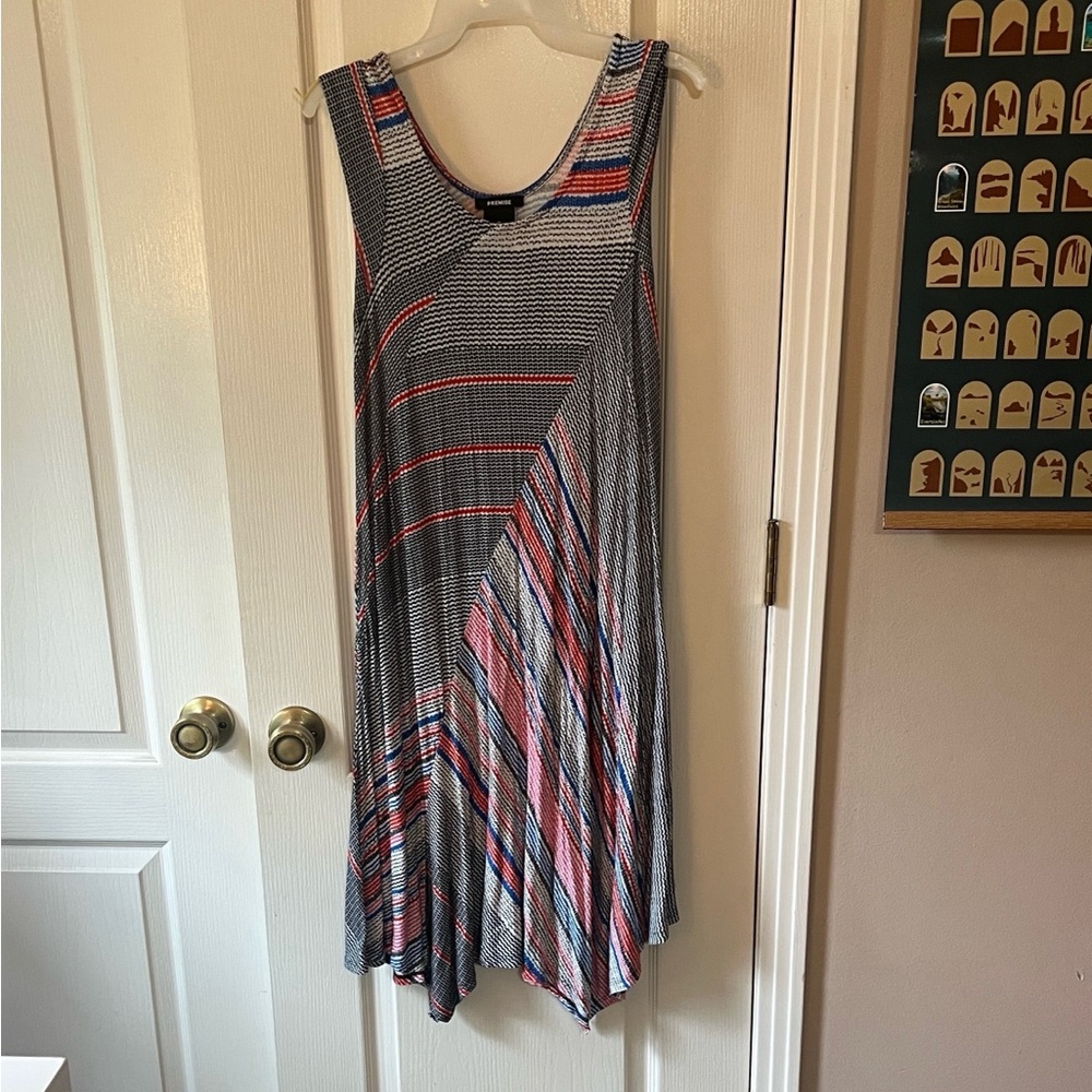 Premise Asymmetrical Dress in Red and Blue Stripes